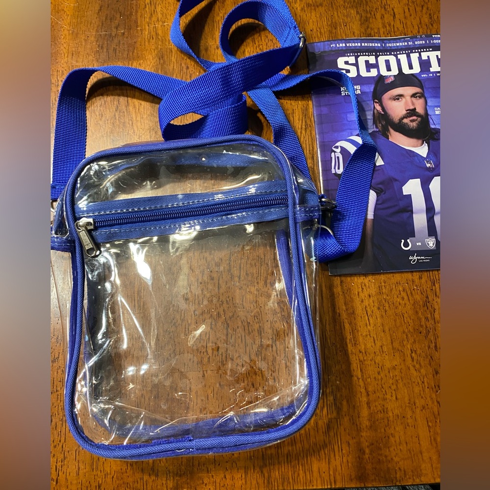 Clear concert or festival event bag. In Indianapolis Colts blue colored straps.